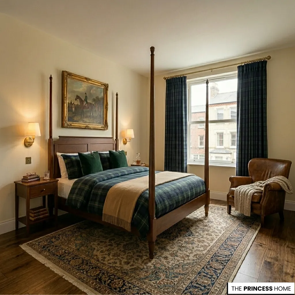 Elegant Ralph Lauren style bedroom featuring a wooden four-poster bed with blue and green tartan plaid bedding, a tufted leather armchair