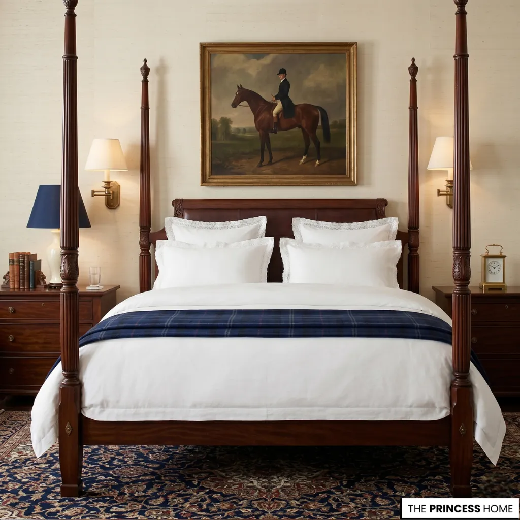 Ralph Lauren bedroom with a wooden four-poster bed, white linens, a plaid throw, and an equestrian painting.