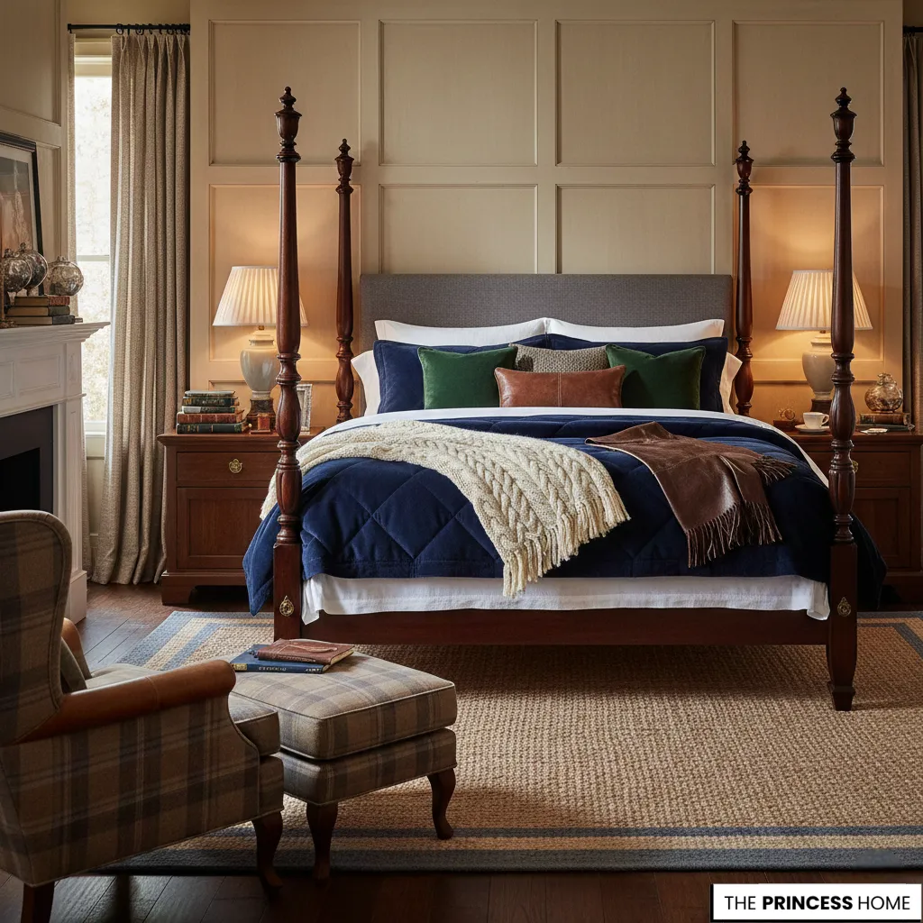 Ralph Lauren bedroom featuring a four-poster bed, beige wood paneling, navy bedding, and a plaid armchair.