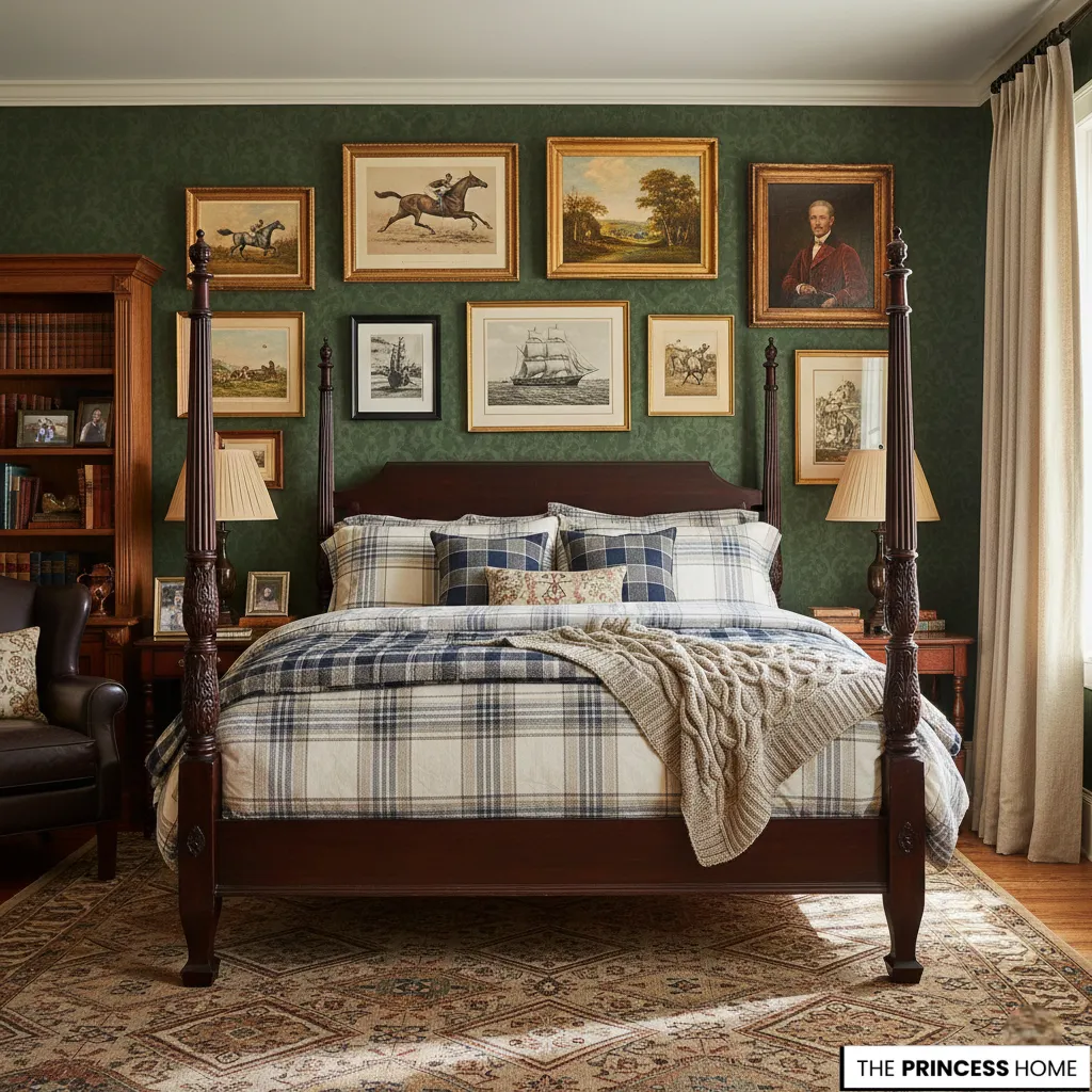 Ralph Lauren bedroom with a dark wood four-poster bed, green damask wallpaper, plaid bedding, and a gallery wall