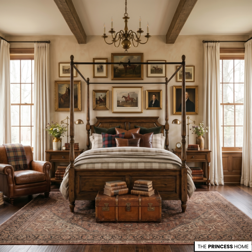 A Ralph Lauren bedroom with warm heritage comfort lighting, layered textures, and cinematic luxury interior atmosphere
