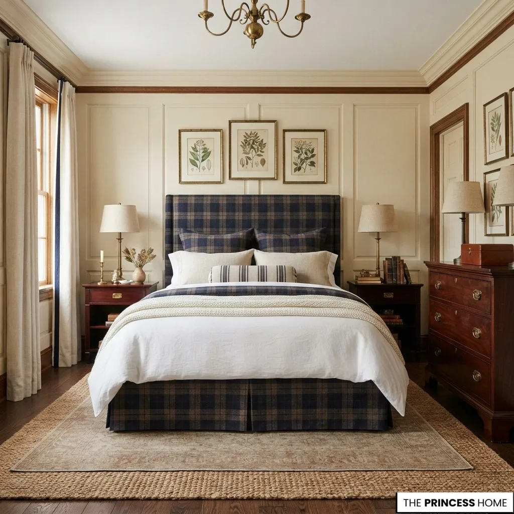 A tailored bedroom layering a dominant plaid with smaller stripes and quiet textured textiles.
