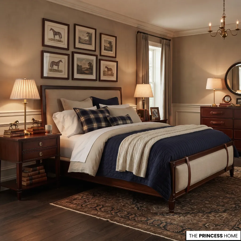 A Ralph Lauren bedroom combining tailored furniture, layered bedding, traditional details, warm materials, and restrained heritage patterns.