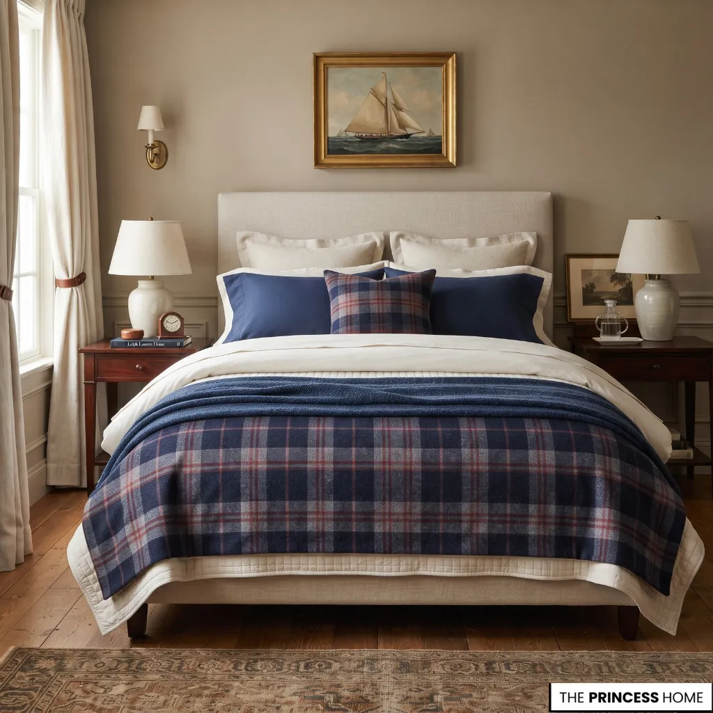 Layered cream bedding with a plaid coverlet, quilted texture, blanket, shams, and restrained decorative pillows.