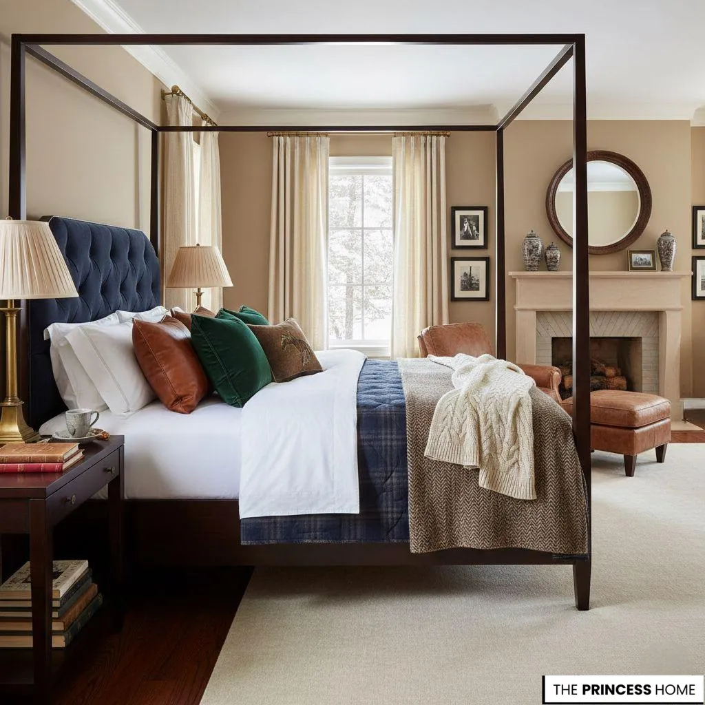 A Ralph Lauren bedroom showcasing layered textiles with plaid wool, sateen bedding, and cashmere textures in warm luxury lighting