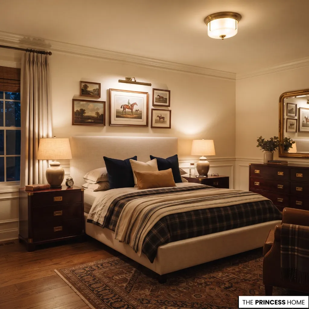 A Ralph Lauren bedroom using bedside lamps, a picture light, and soft ambient lighting for layered evening illumination.
