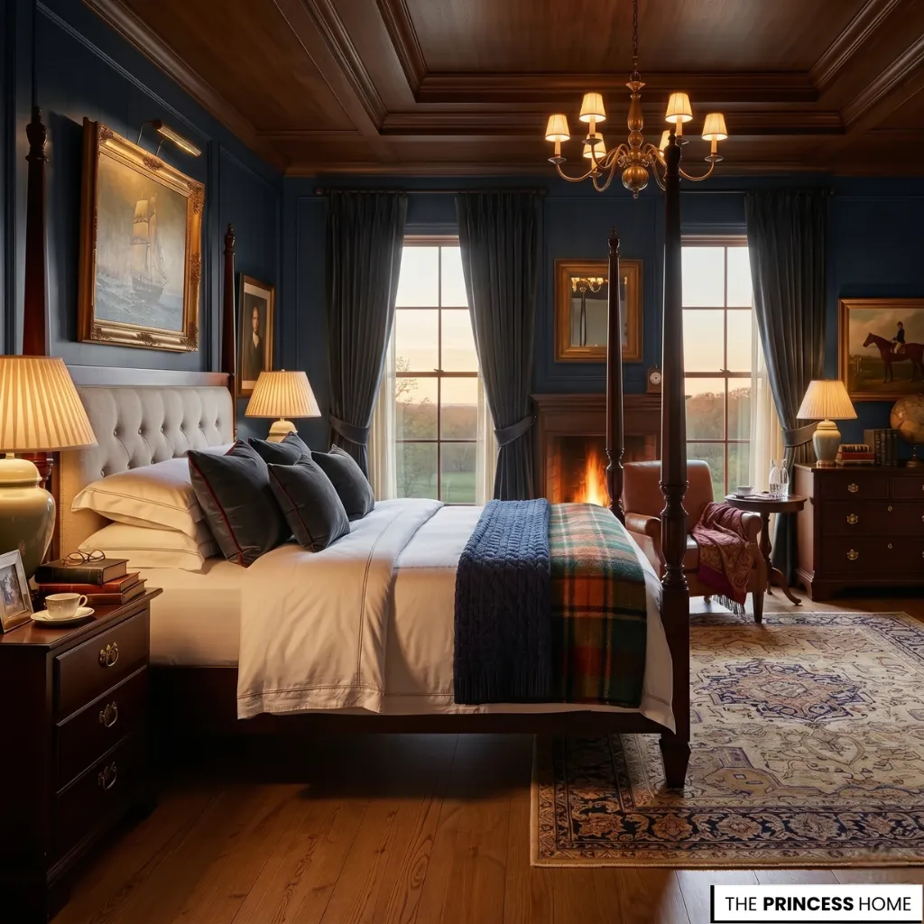 A Ralph Lauren bedroom featuring moody color psychology with deep navy, green, and warm wood tones in luxury lighting