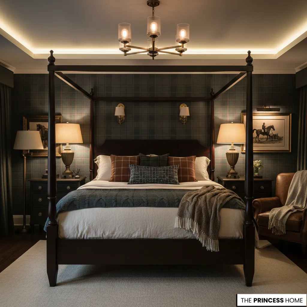 Ralph Lauren bedroom with a dark wood canopy bed, plaid wallpaper, layered knit blankets, and equestrian artwork.