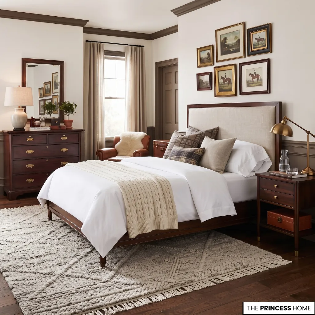 A bedroom combining substantial wood, upholstered furniture, cotton bedding, a wool rug, and a restrained leather accent.