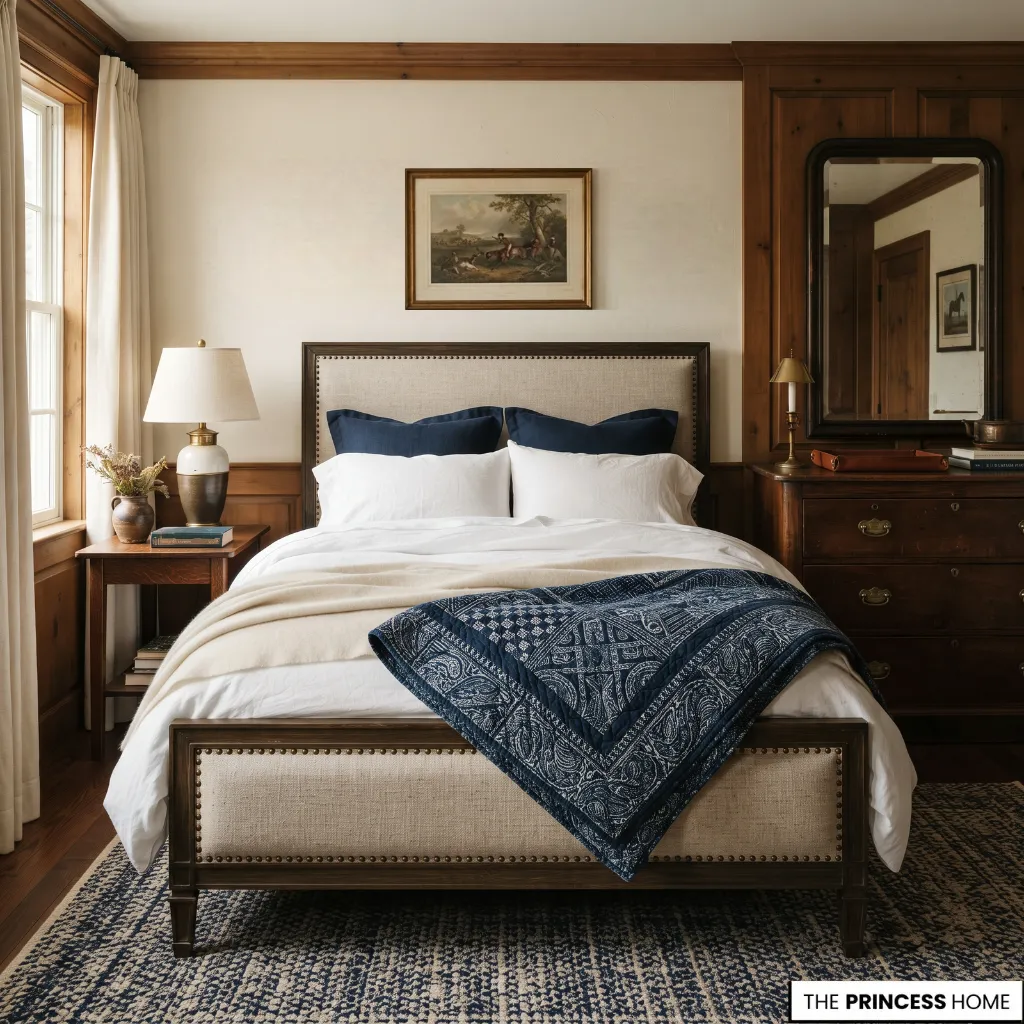 A compact Ralph Lauren bedroom using a strong bed, one meaningful patterned textile, substantial wood, and layered lighting.
