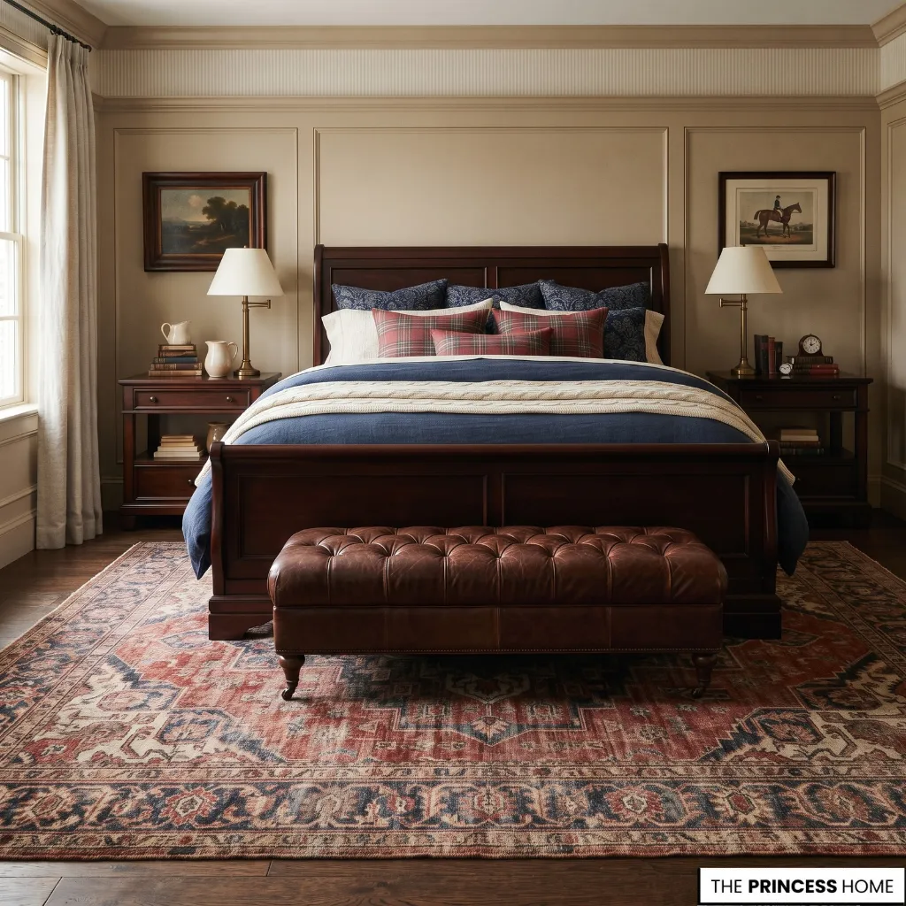 A Ralph Lauren bedroom grounded by a large patterned rug that connects the bed and bedside furniture.