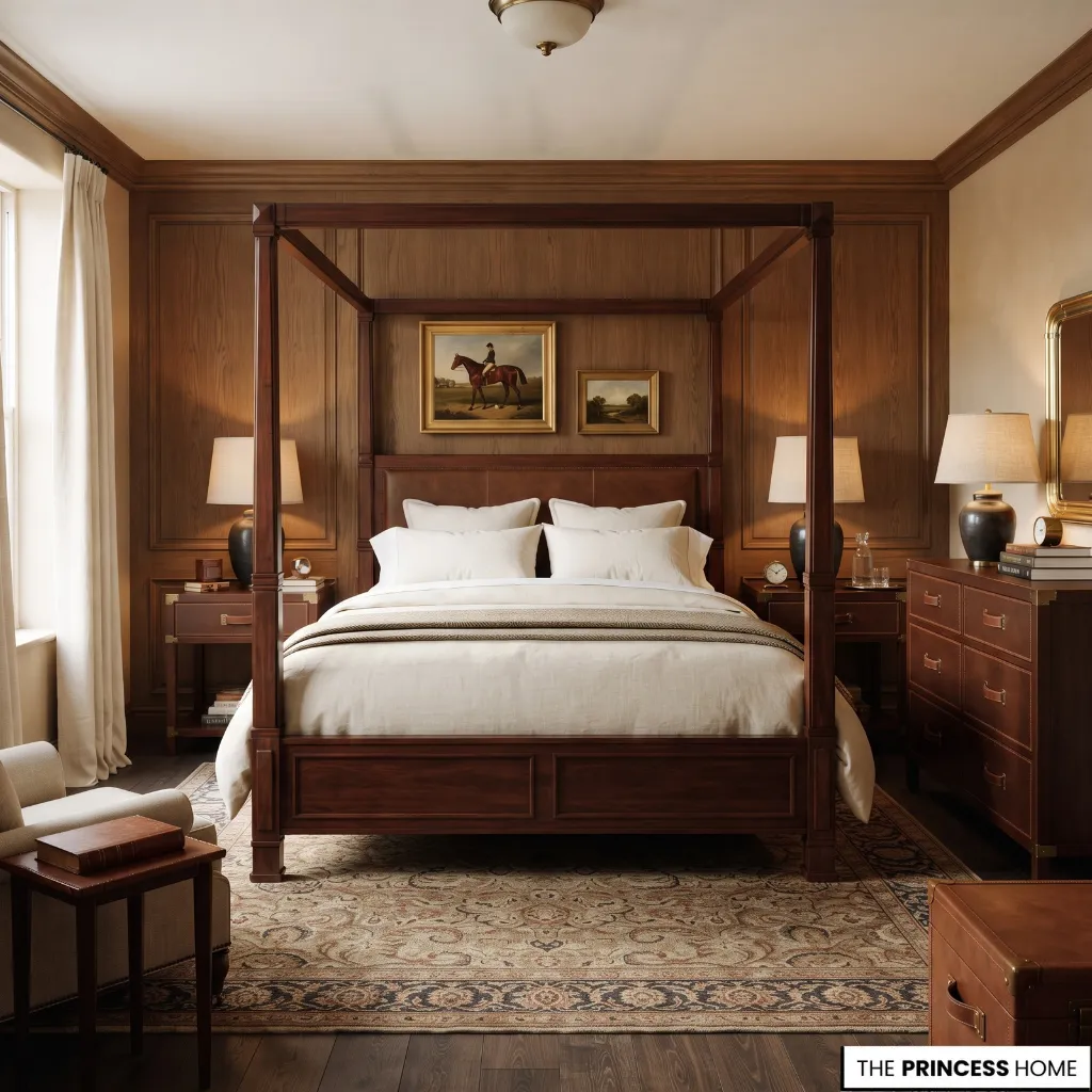 A substantial wooden bed with crafted proportions anchors a traditional Ralph Lauren bedroom.