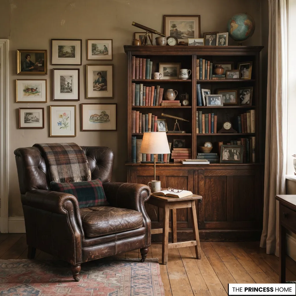 Collected traditional room layered with books, artwork, photographs, ceramics, and personal objects.