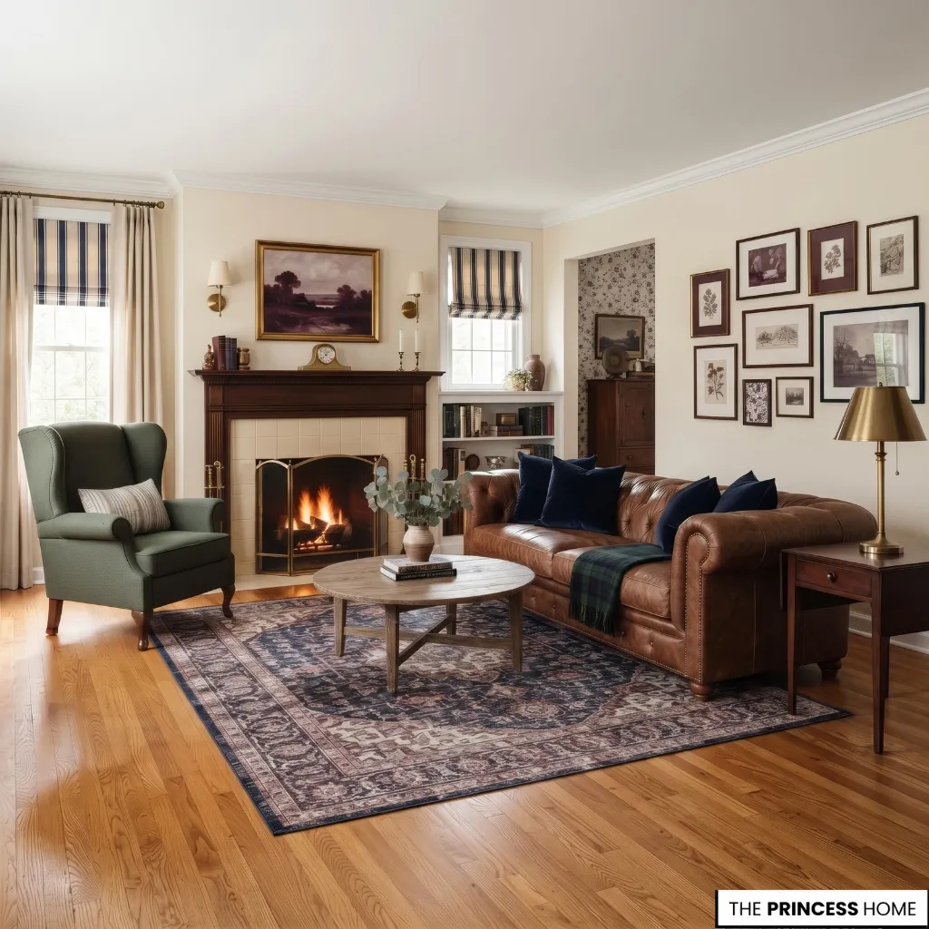 Traditional interior using deep navy, forest green, warm cream, brown, and muted burgundy.