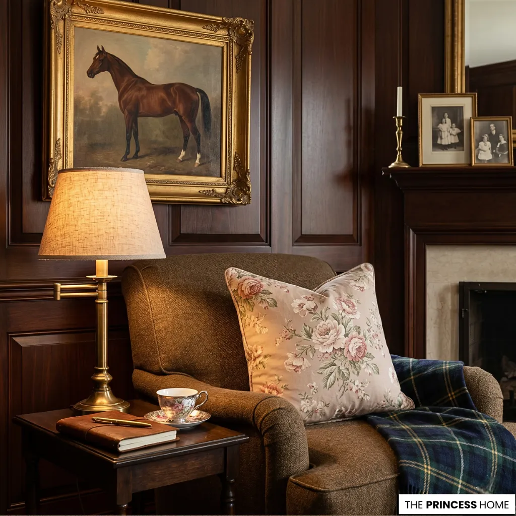 Cozy reading nook featuring a brown tweed armchair with a floral pillow and tartan plaid throw, next to a brass pharmacy lamp and a vintage oil painting of a horse.