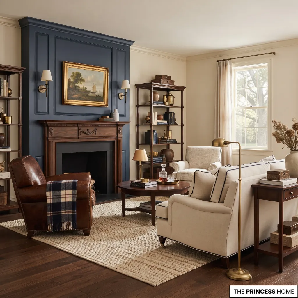 Balanced Americana interior using restrained heritage references without excessive themed decoration.
