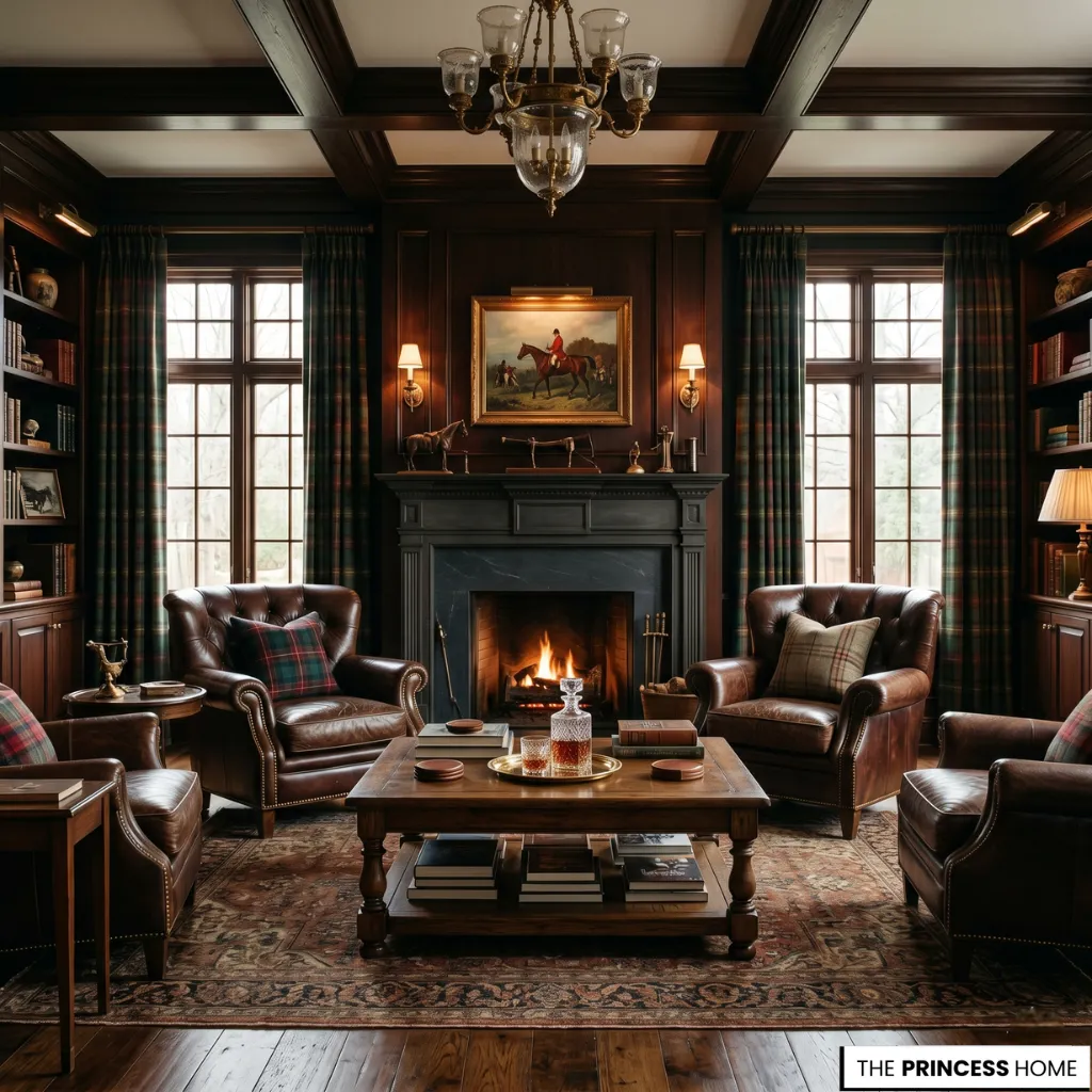 A Ralph Lauren home decor inspired heritage living room with leather chairs, dark wood, and warm cinematic lighting.