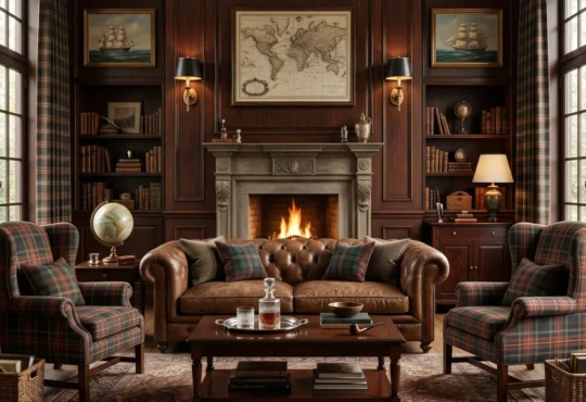 Ralph Lauren style library with chesterfield sofa, plaid chairs, wood paneling, lit fireplace, and antique world map.