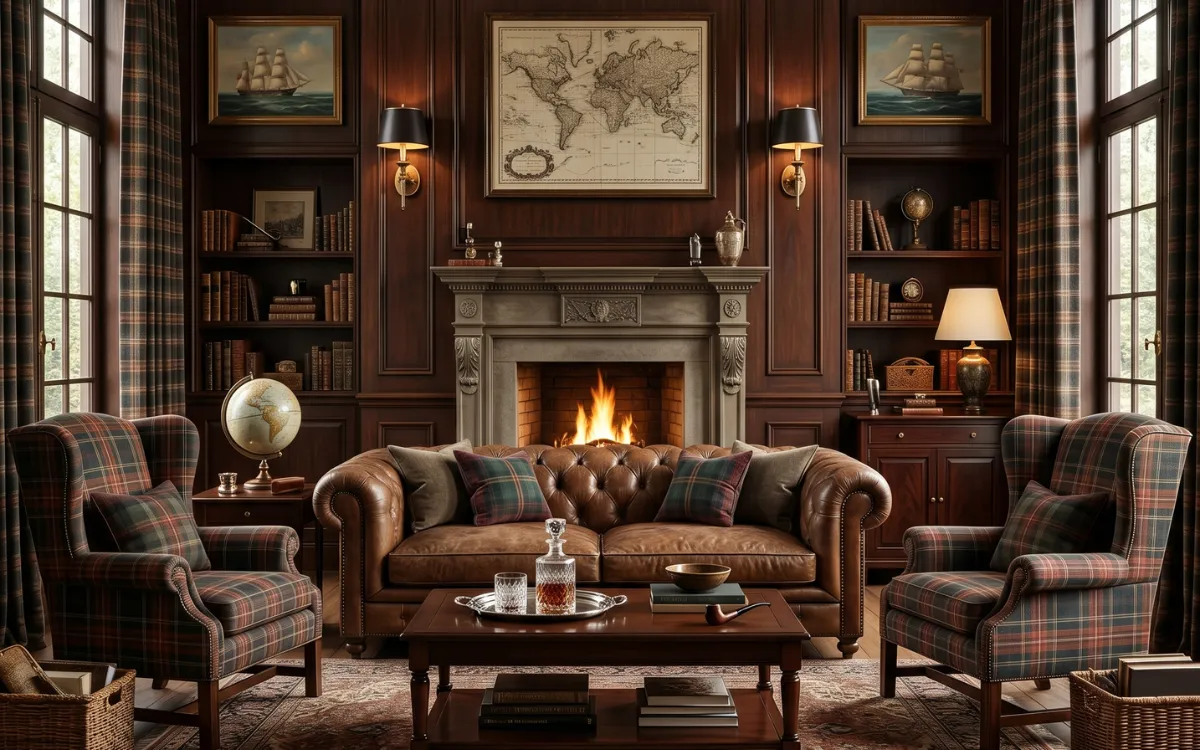 Ralph Lauren style library with chesterfield sofa, plaid chairs, wood paneling, lit fireplace, and antique world map.