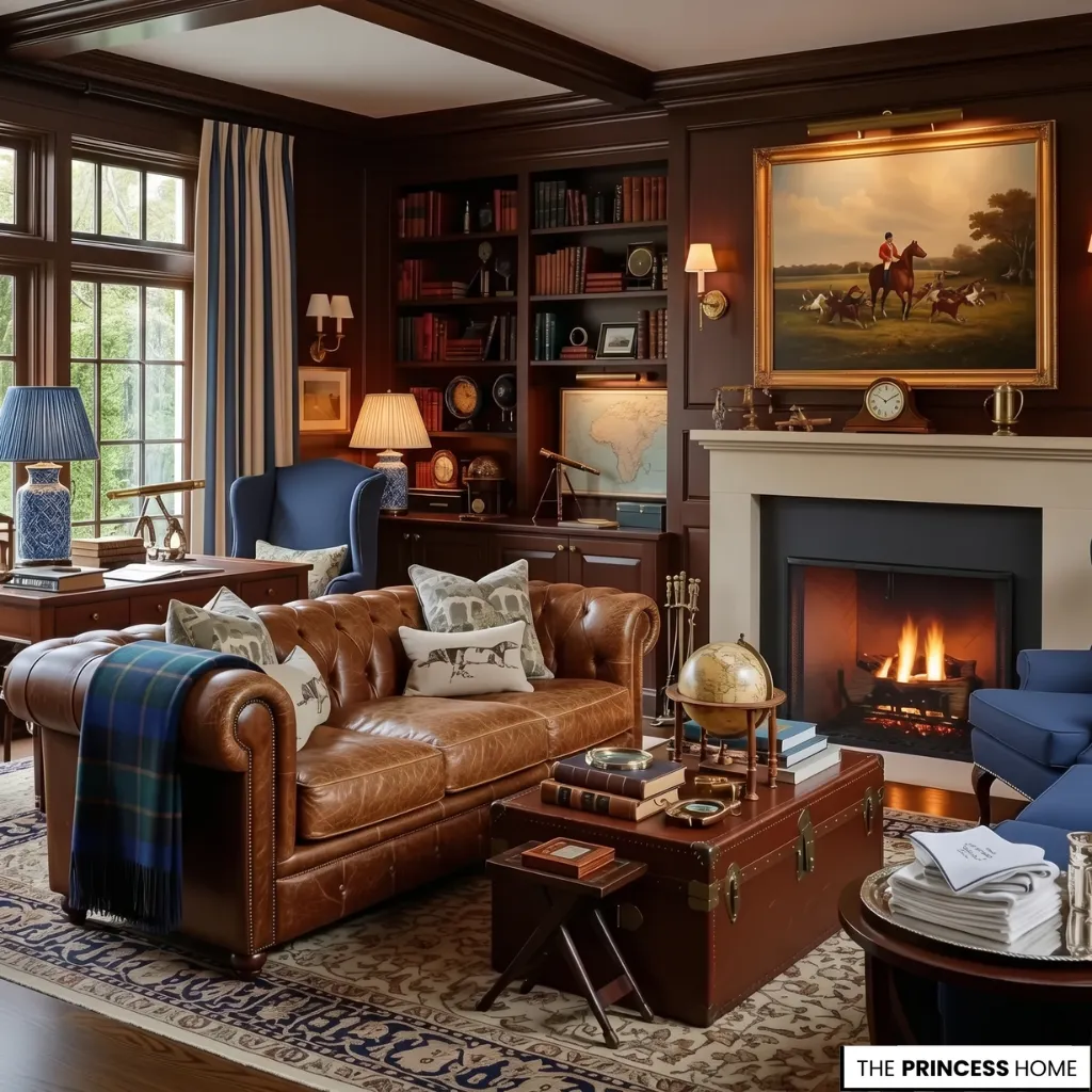 Ralph Lauren living room with a brown chesterfield sofa, blue armchairs, a warm fireplace, and built-in bookshelves.