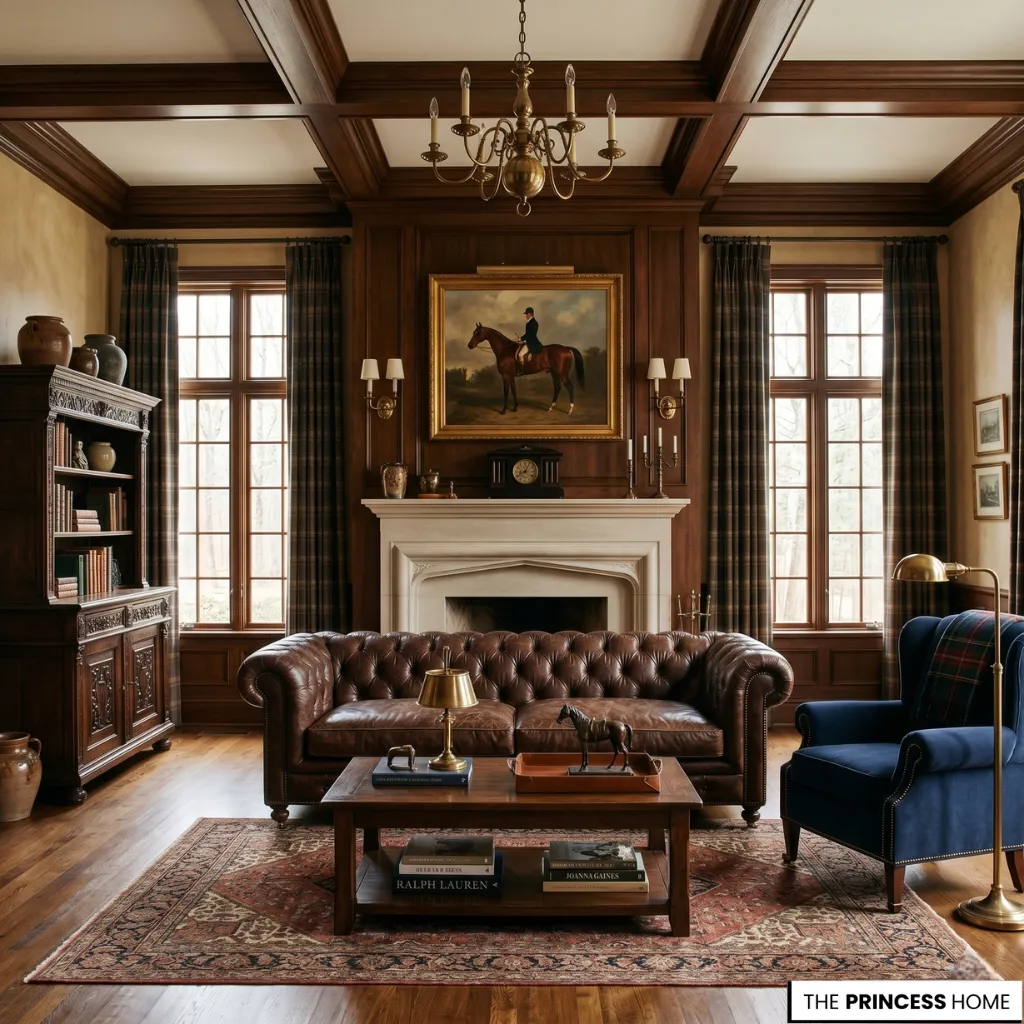Ralph Lauren living room with a brown leather chesterfield sofa, blue wingback chair, fireplace, and coffered ceiling.
