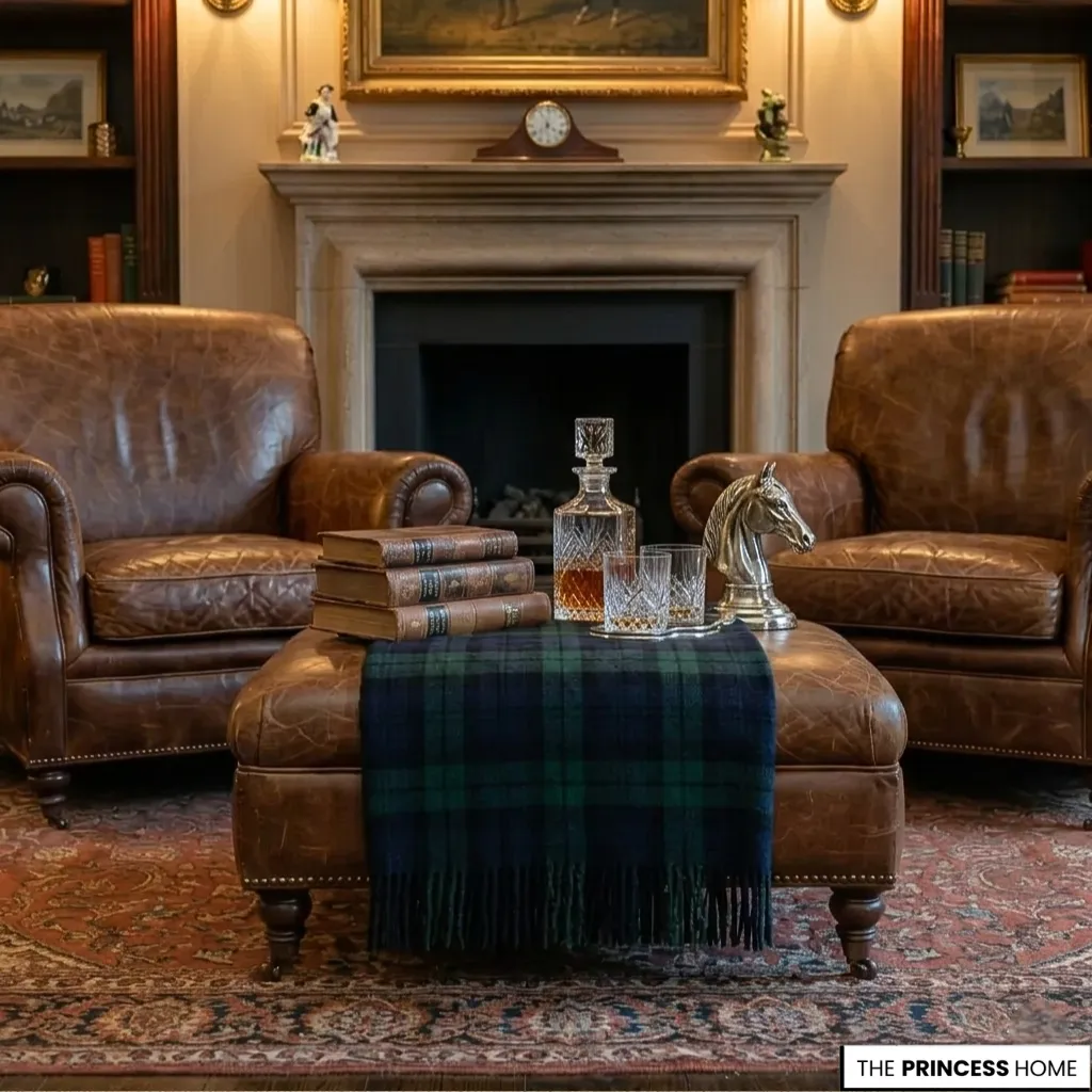 Warm Ralph Lauren style living room featuring two brown leather club chairs, a tufted ottoman with a tartan plaid throw, a crystal decanter