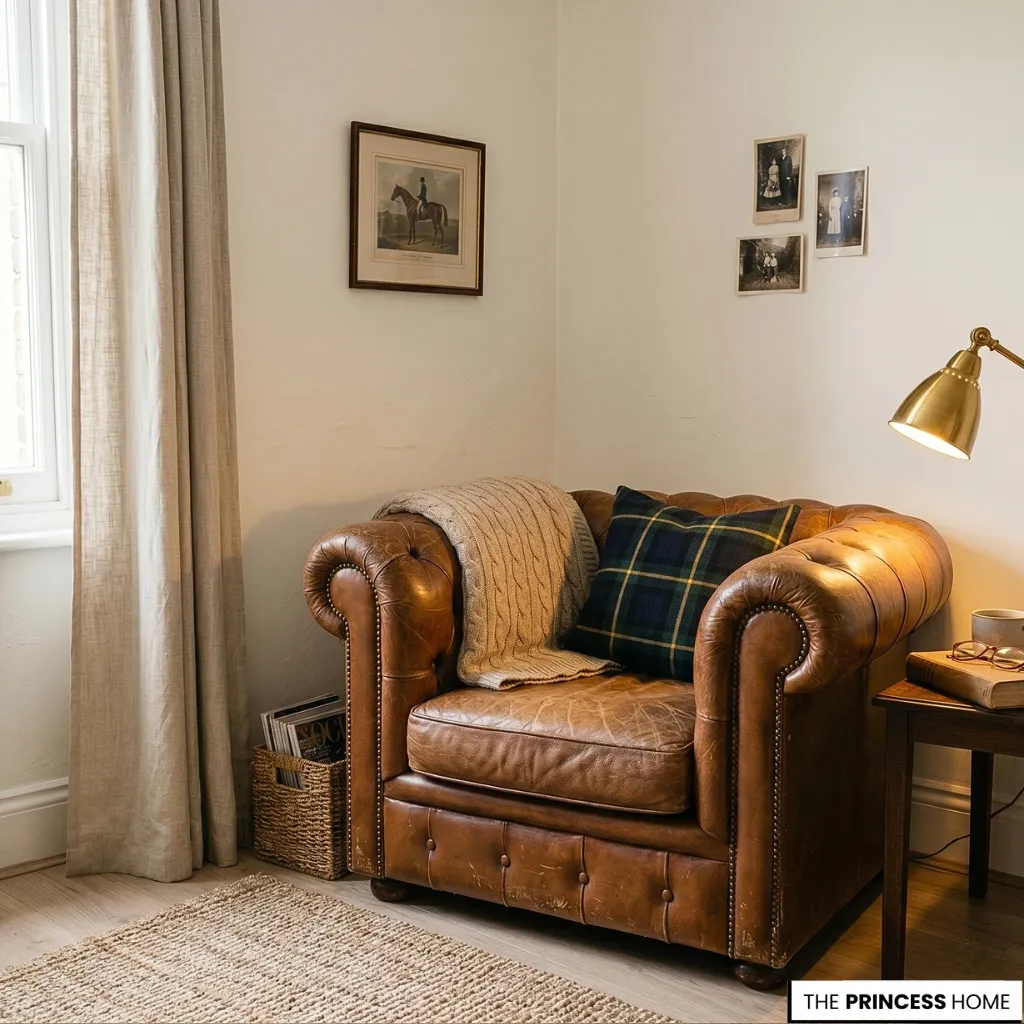 Cozy reading corner featuring a cognac leather Chesterfield armchair, a green tartan plaid pillow, a cable-knit throw, a brass task lamp,