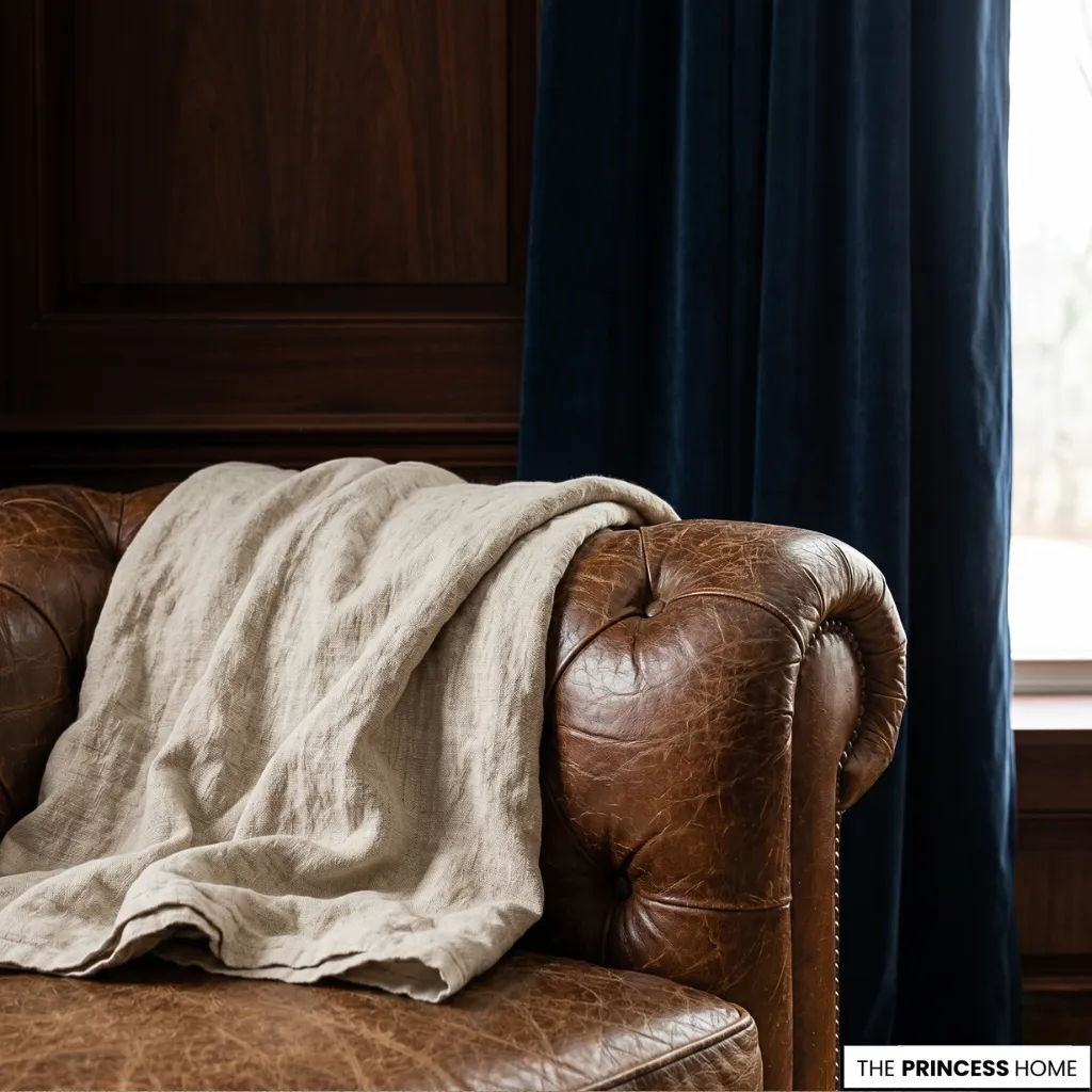 Close-up of a brown tufted leather Chesterfield sofa with a textured, wrinkled linen throw blanket next to navy blue velvet drapes