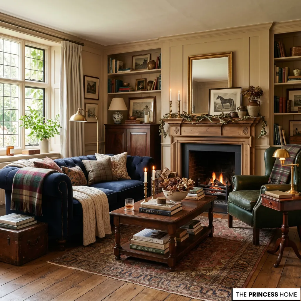A Ralph Lauren home decor style living room with books, leather furniture, and layered warm textures.