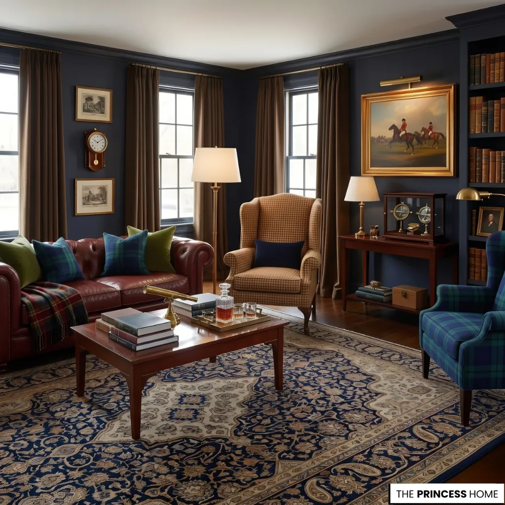 Ralph Lauren living room with navy walls, red leather sofa, plaid pillows, and an equestrian painting.