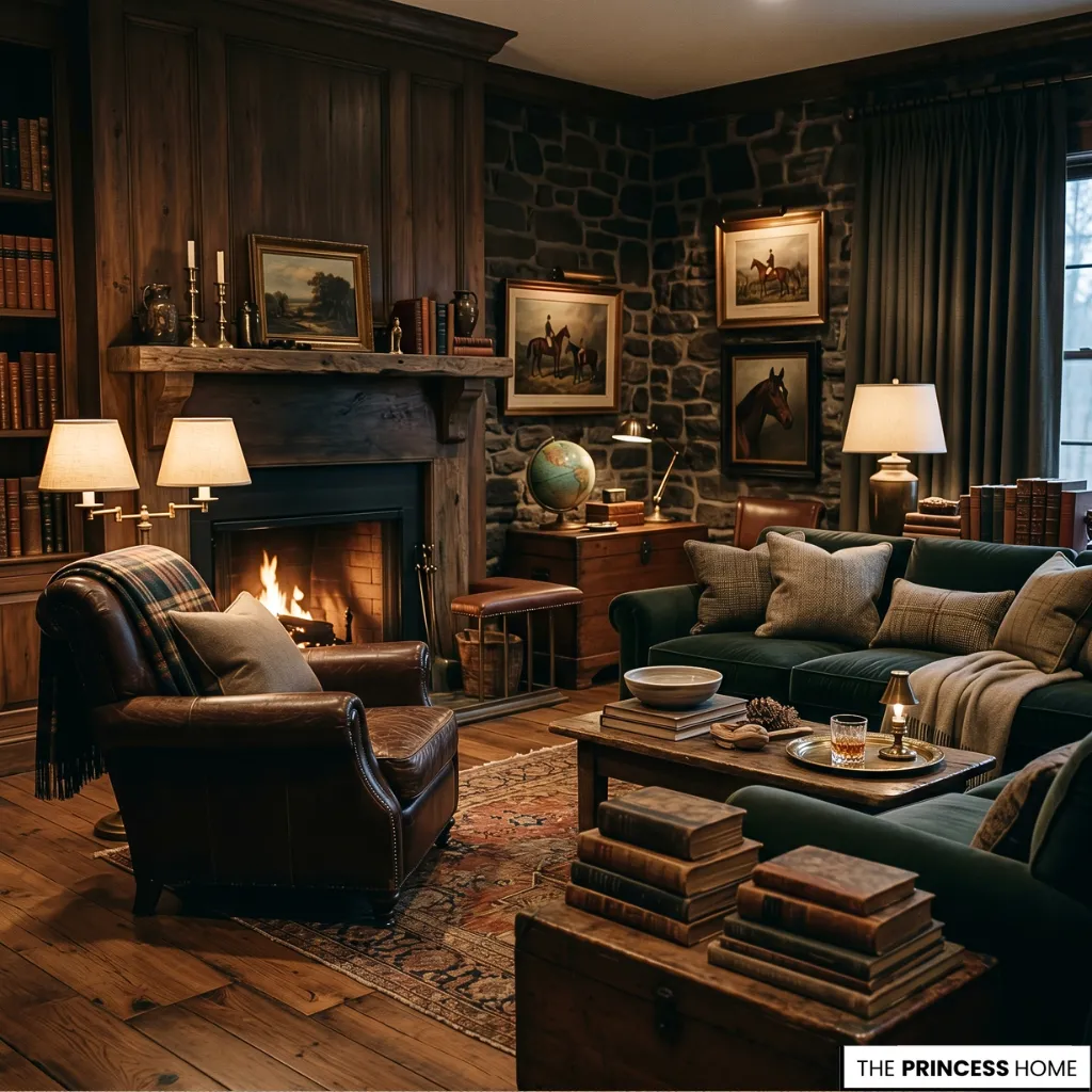 Cozy Ralph Lauren style library living room with a stone accent wall, roaring fireplace, tufted leather armchair, dark green velvet sofa