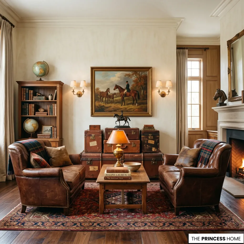 Ralph Lauren living room with leather armchairs, stacked vintage trunks, equestrian art, and an oriental rug.
