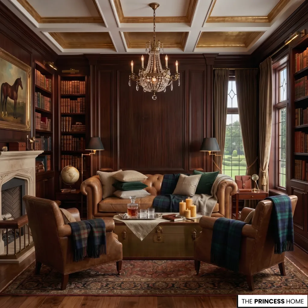 A Ralph Lauren home decor inspired interior showing leather, wood, linen, and velvet material layering.