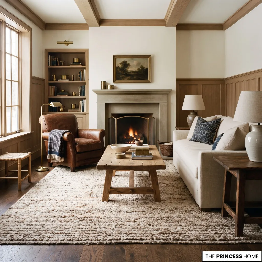 Layered interior combining warm wood, brown leather, wool, linen, stone, and brass.