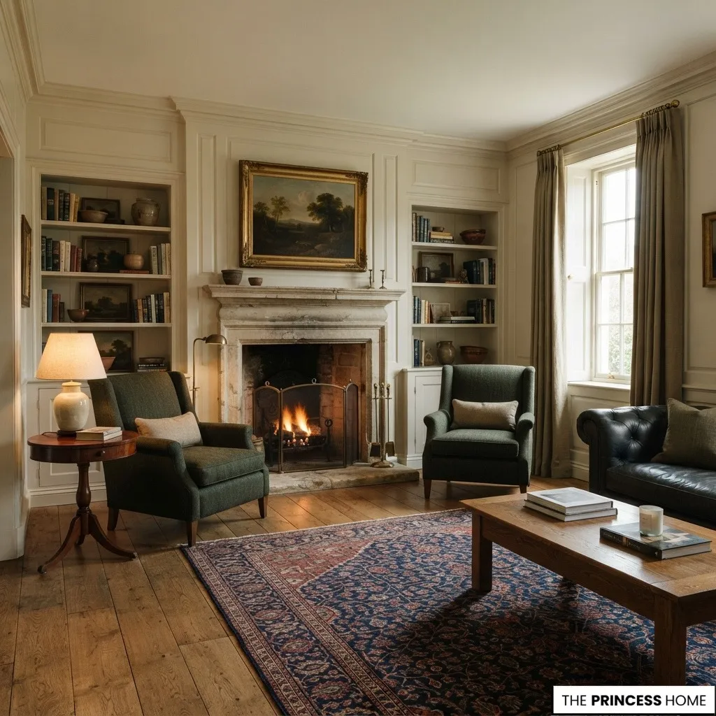 Well-proportioned traditional seating arranged around a properly scaled rug with clear circulation.