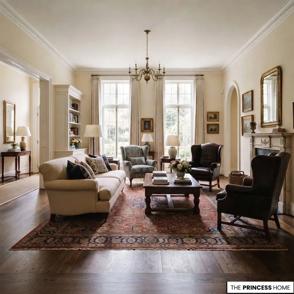 Well-proportioned traditional seating arranged around a properly scaled rug with clear circulation.