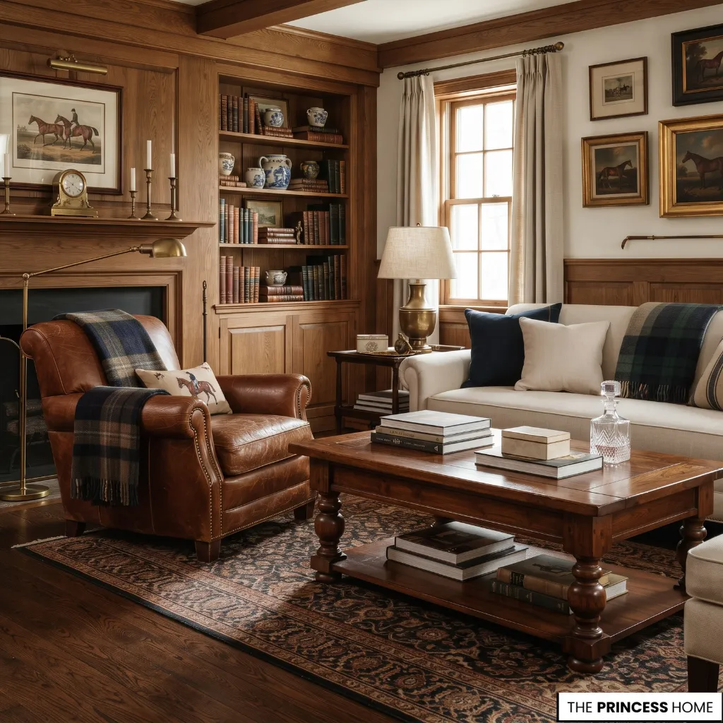Heritage-inspired interior combining leather, wood, wool, brass, and traditional patterns.