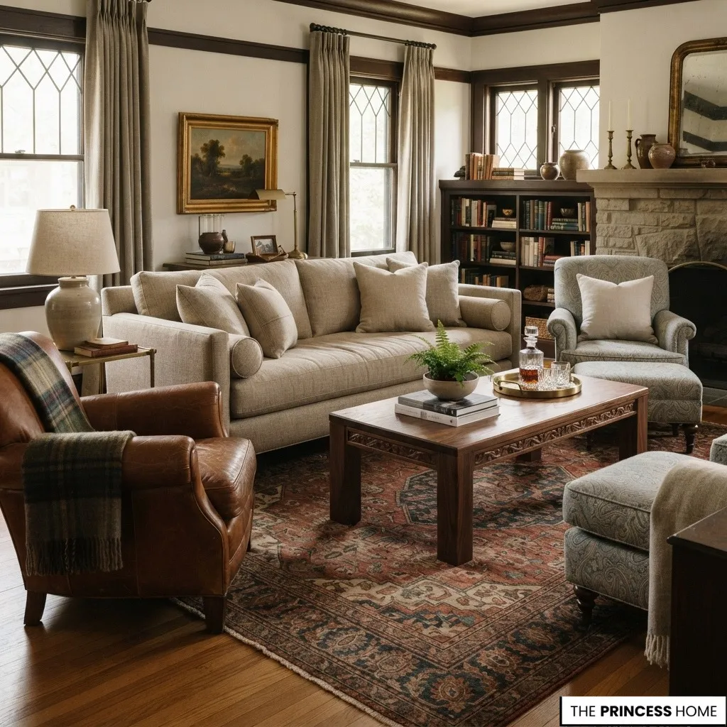Tailored traditional furniture combining a leather chair, upholstered sofa, and substantial wood table.
