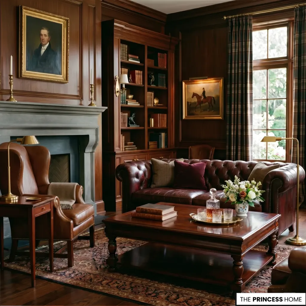 A Ralph Lauren home decor timeless interior with warm lighting, leather seating, and aged luxury textures.