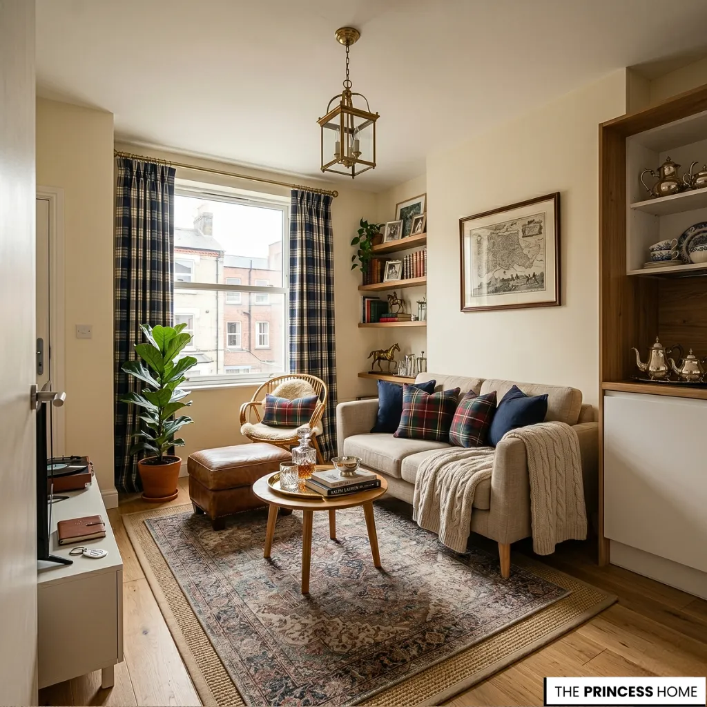 Cozy compact living room with a beige sofa, blue plaid curtains, a leather ottoman, tartan pillows, a brass lantern pendant, and a vintage Persian rug.