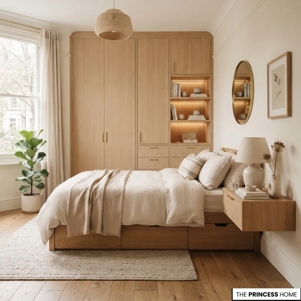 Small bedroom using vertical storage and under-bed space without visual clutter