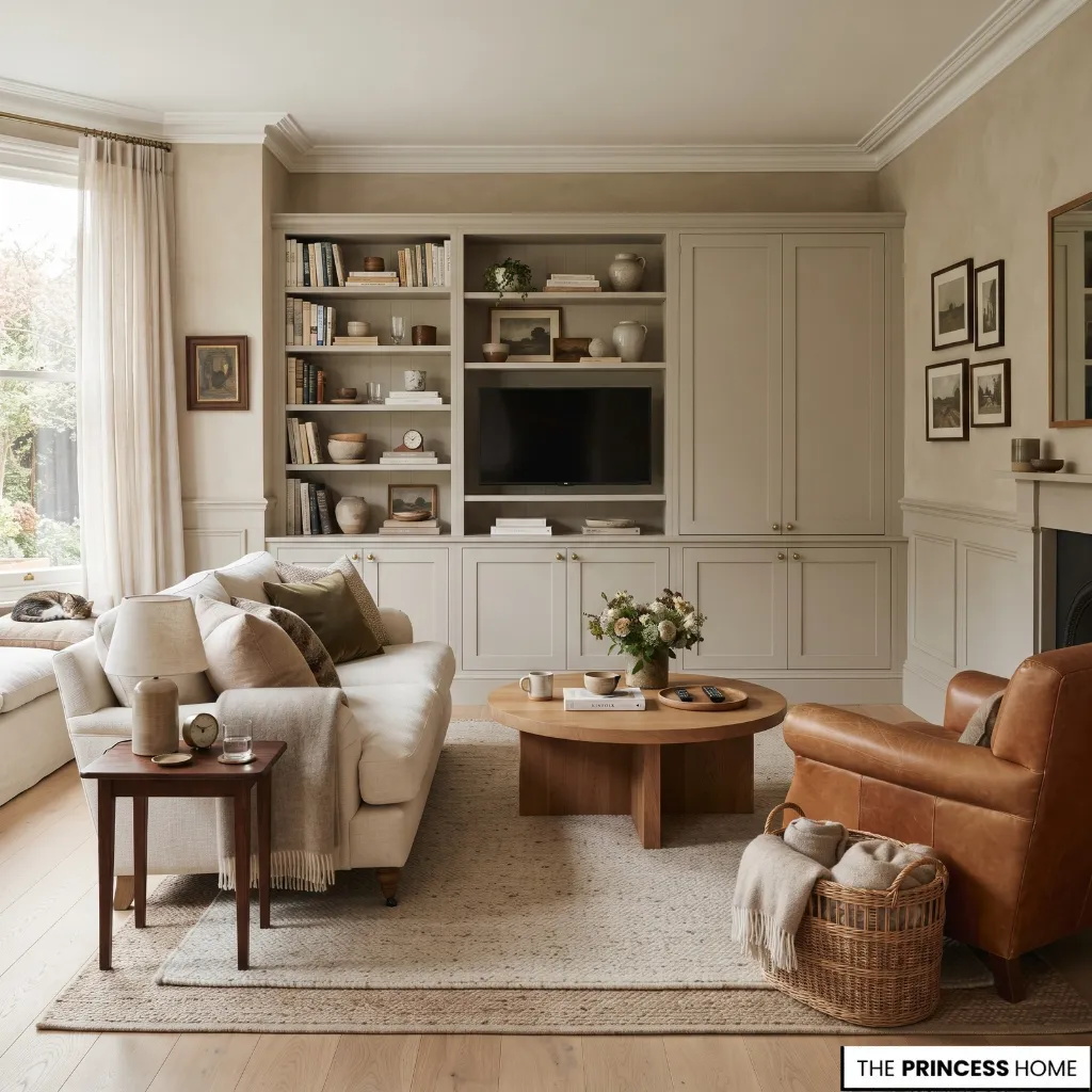 Refined family living space with practical storage and clearly organized everyday belongings