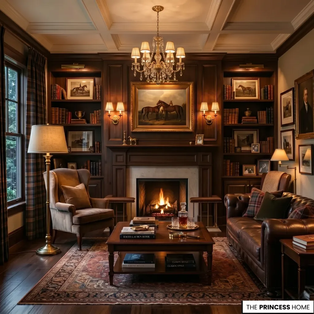 A warm, dimly lit classic living room featuring a stone fireplace, a brown leather sofa, and a traditional rug.