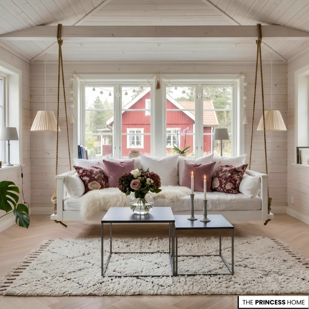 cottage living room with a white hanging swing daybed, mauve pillows, black coffee tables,