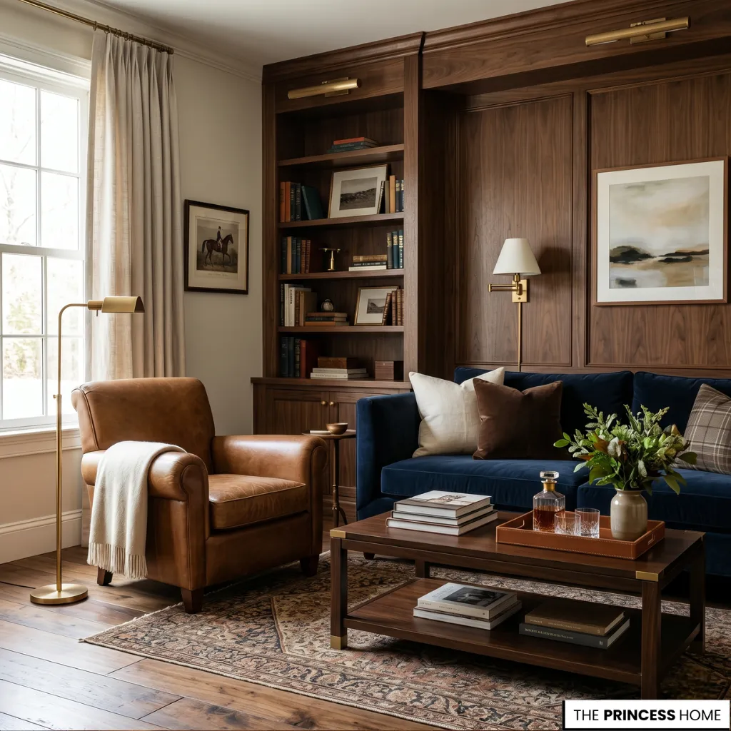 A luxury living room with a navy velvet sofa, walnut wood panels, and a camel leather armchair.