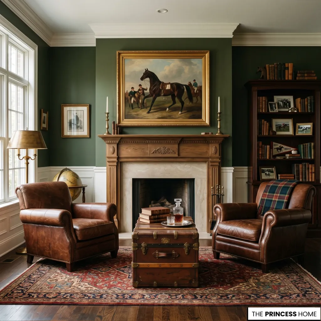 A Ralph Lauren inspired living room with Americana heritage style, leather chairs, and vintage décor