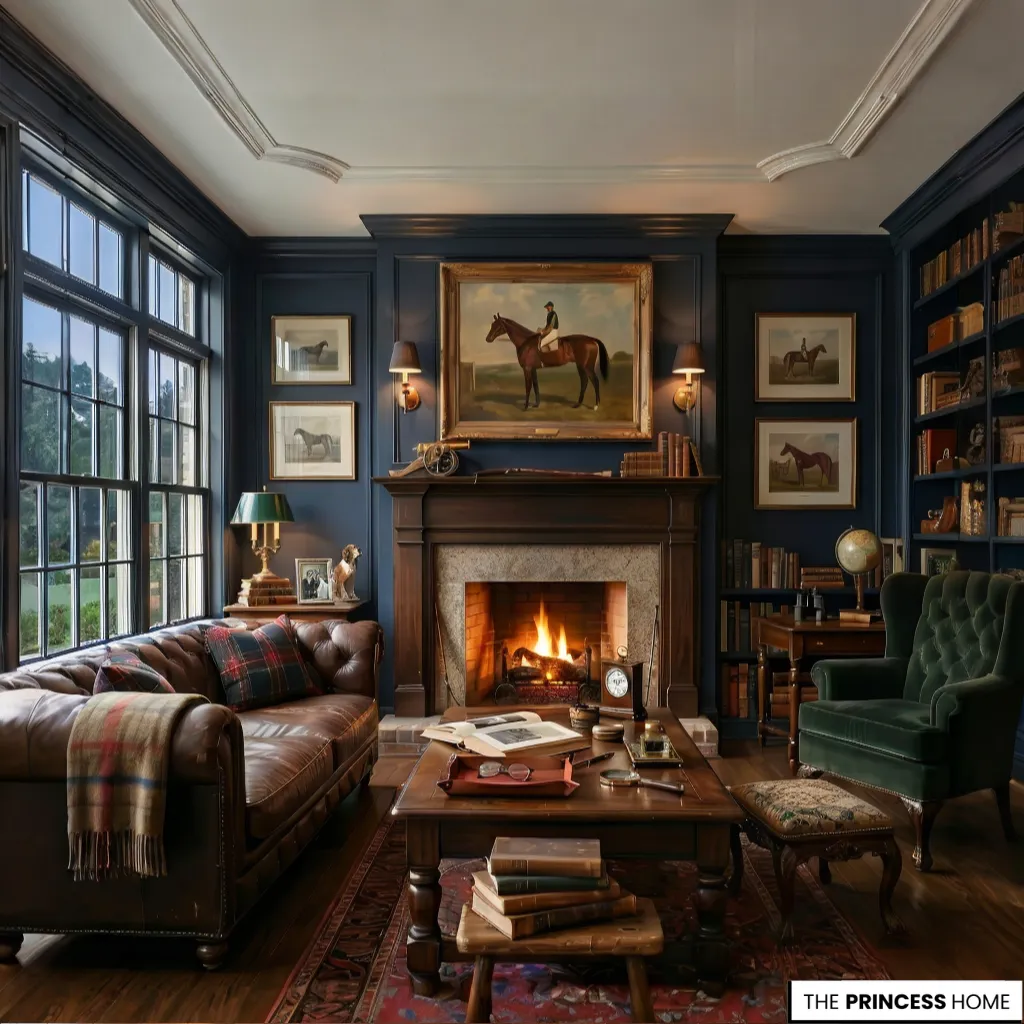 A classic navy-walled living room with a brown leather sofa, a green velvet armchair, and a stone fireplace.