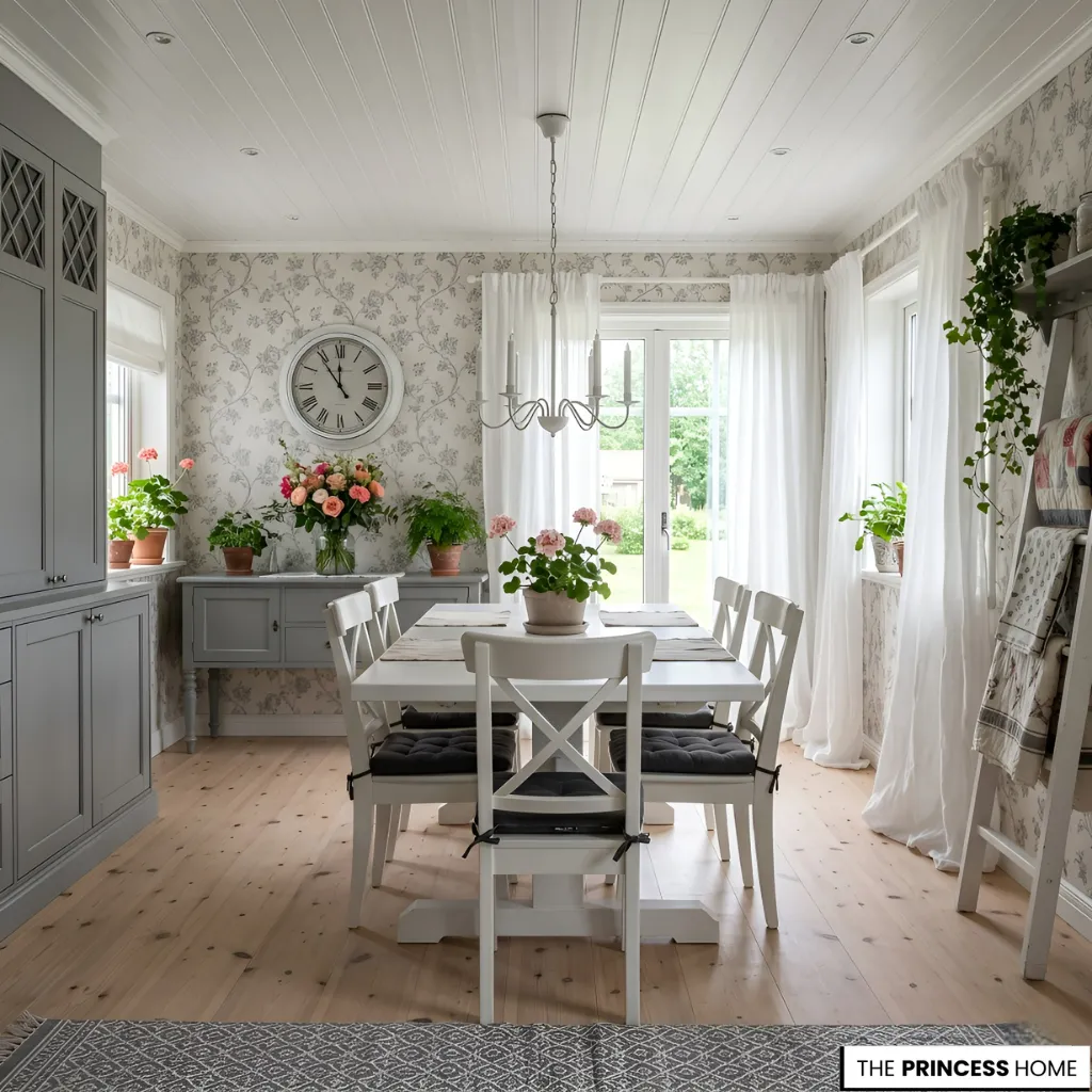 Cottage dining room with floral wallpaper, white table, grey cabinets, and bright windows.