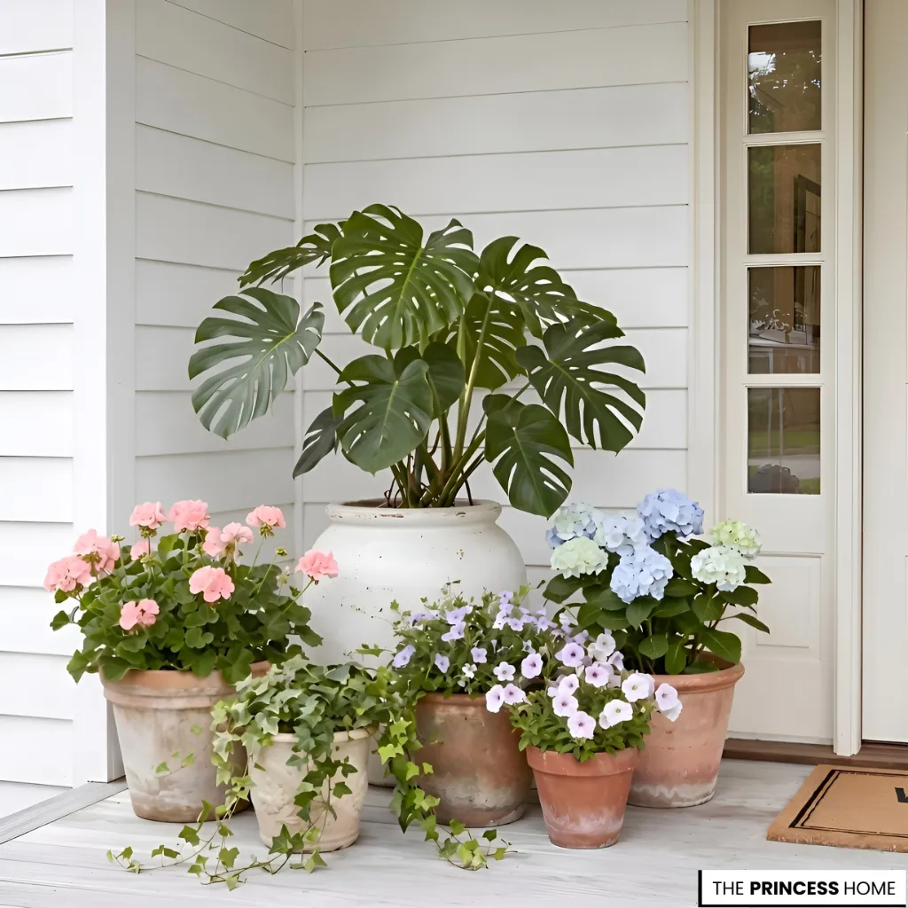 White cottage porch styled with a large potted monstera plant, pink geraniums, blue hydrangeas, and trailing ivy.