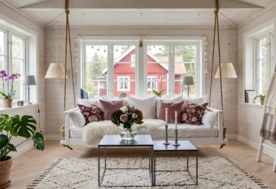 Cottagecore home room featuring a white swinging daybed with mauve pillows and rope suspension.